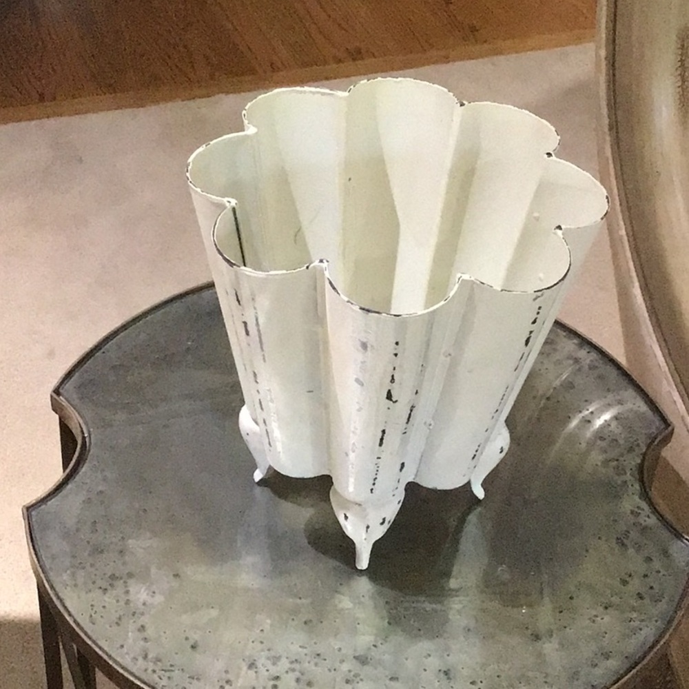 White/Creme heavy metal scalloped footed planter indoor container by Three Hands